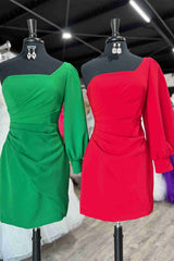 One Shoulder Long Sleeve Pleated Short Party Dress