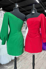 One Shoulder Long Sleeve Pleated Short Party Dress