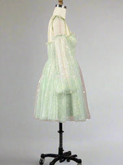 Sweetheart Mint Green Hearty Short Party Dress with Sleeves