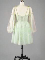 Sweetheart Mint Green Hearty Short Party Dress with Sleeves
