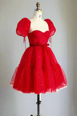 Sweetheart Red Balloon Sleeves Short Party Dress