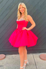Sweetheart Hot Pink Pleated Short Party Dress with Rhinestones