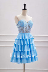 Sweetheart Blue A-Line Tiered Short Homecoming Dress with Appliques