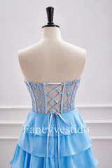 Sweetheart Blue A-Line Tiered Short Homecoming Dress with Appliques