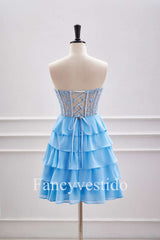 Sweetheart Blue A-Line Tiered Short Homecoming Dress with Appliques