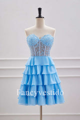 Sweetheart Blue A-Line Tiered Short Homecoming Dress with Appliques