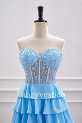 Sweetheart Blue A-Line Tiered Short Homecoming Dress with Appliques