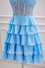 Sweetheart Blue A-Line Tiered Short Homecoming Dress with Appliques
