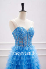 A-Line Sweetheart Blue Corset Appliques Ruffle Homecoming Dress
