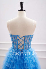 A-Line Sweetheart Blue Corset Appliques Ruffle Homecoming Dress
