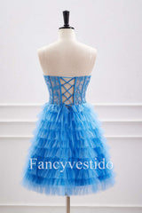 A-Line Sweetheart Blue Corset Appliques Ruffle Homecoming Dress