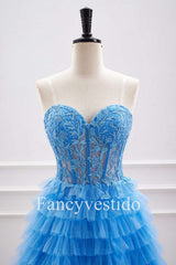 A-Line Sweetheart Blue Corset Appliques Ruffle Homecoming Dress