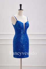 Straps Plunging Neck Royal Blue Sequin Tight Homecoming Dress