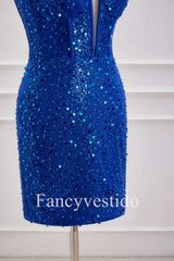 Straps Plunging Neck Royal Blue Sequin Tight Homecoming Dress