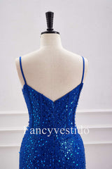 Straps Plunging Neck Royal Blue Sequin Tight Homecoming Dress