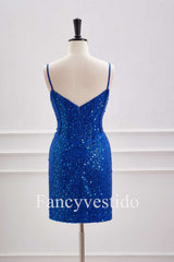 Straps Plunging Neck Royal Blue Sequin Tight Homecoming Dress