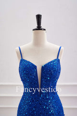 Straps Plunging Neck Royal Blue Sequin Tight Homecoming Dress