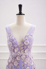 Plunging Neck Lavender 3D Flowers Fitted Homecoming Dress