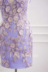 Plunging Neck Lavender 3D Flowers Fitted Homecoming Dress