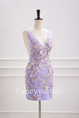 Plunging Neck Lavender 3D Flowers Fitted Homecoming Dress