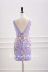 Plunging Neck Lavender 3D Flowers Fitted Homecoming Dress