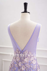 Plunging Neck Lavender 3D Flowers Fitted Homecoming Dress