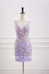 Plunging Neck Lavender 3D Flowers Fitted Homecoming Dress
