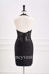 Fitted Black Halter Ruched Mini Homecoming Dress with Appliques