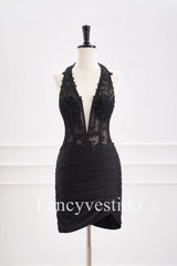 Fitted Black Halter Ruched Mini Homecoming Dress with Appliques