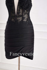 Fitted Black Halter Ruched Mini Homecoming Dress with Appliques