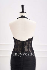 Fitted Black Halter Ruched Mini Homecoming Dress with Appliques