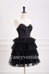 Cute Sweetheart Black A-Line Tiered Homecoming Dress