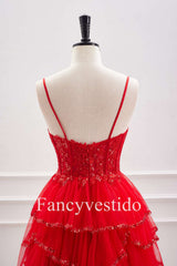 Straps Red Plunging Neck A-Line Tiered Homecoming Dress