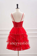 Straps Red Plunging Neck A-Line Tiered Homecoming Dress