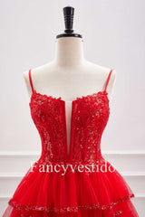 Straps Red Plunging Neck A-Line Tiered Homecoming Dress