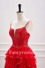 Straps Red Plunging Neck A-Line Tiered Homecoming Dress