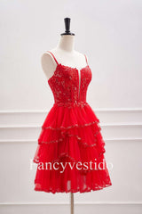 Straps Red Plunging Neck A-Line Tiered Homecoming Dress