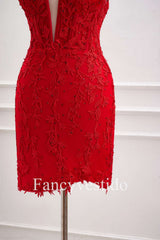 Halter Red Appliques Backless Tight Short Homecoming Dress