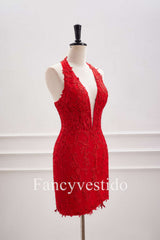 Halter Red Appliques Backless Tight Short Homecoming Dress