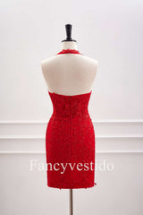 Halter Red Appliques Backless Tight Short Homecoming Dress