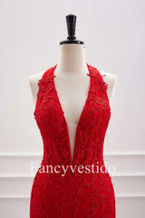 Halter Red Appliques Backless Tight Short Homecoming Dress