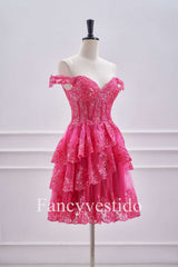 Off the Shoulder Fuchsia Corset Tiered A-Line Short Homecoming Dress