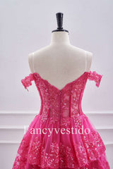 Off the Shoulder Fuchsia Corset Tiered A-Line Short Homecoming Dress