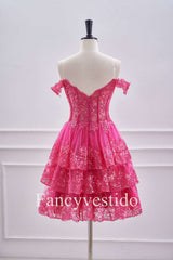 Off the Shoulder Fuchsia Corset Tiered A-Line Short Homecoming Dress