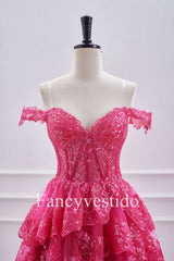 Off the Shoulder Fuchsia Corset Tiered A-Line Short Homecoming Dress