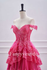 Off the Shoulder Fuchsia Corset Tiered A-Line Short Homecoming Dress