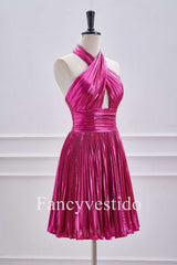 Fuchsia Halter Metallic Pleated A-Line Cocktail Dress