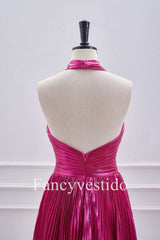 Fuchsia Halter Metallic Pleated A-Line Cocktail Dress