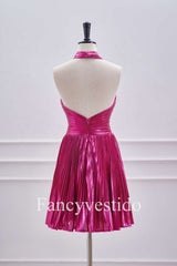 Fuchsia Halter Metallic Pleated A-Line Cocktail Dress