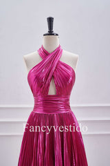 Fuchsia Halter Metallic Pleated A-Line Cocktail Dress